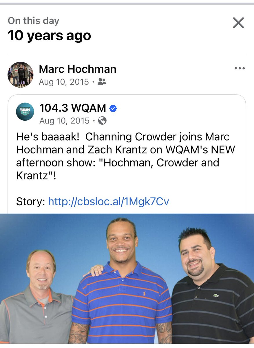 Marc Hochman (@marchochman) on Twitter photo Today marks a decade of being partnered with <a href="/OfficialCrowder/">Channing Crowder</a> on WQAM. What a fun (and quick) 10 years it’s been. Couldn’t ask for a better radio partner! Today marks a decade of being partnered with <a href="/OfficialCrowder/">Channing Crowder</a> on WQAM. What a fun (and quick) 10 years it’s been. Couldn’t ask for a better radio partner!