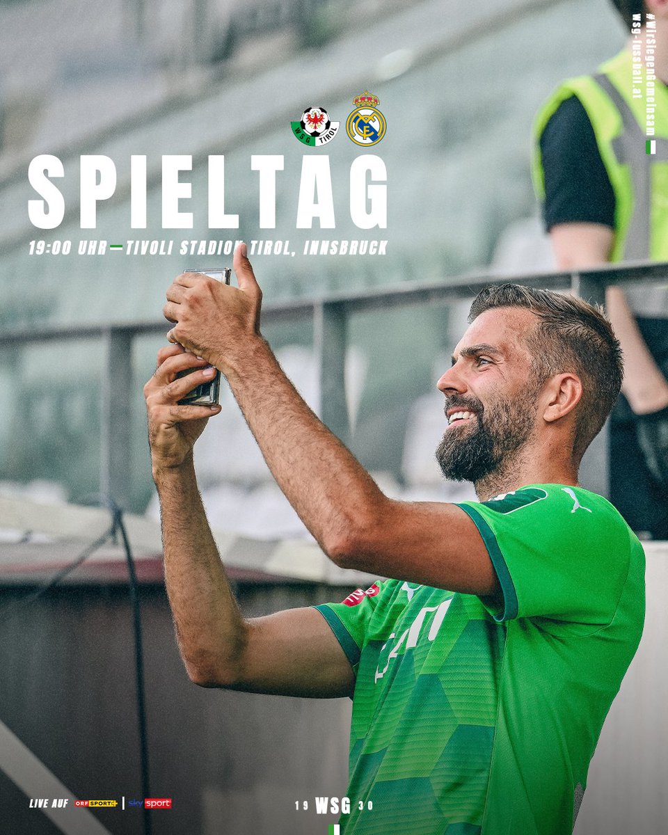 ✨ Ein Tag für die Geschichtsbücher: Um 19:00 Uhr treffen wir im ausverkauften Tivoli Stadion auf <a href="/realmadrid/">Real Madrid C.F.</a>! 🟢⚪️

📺 Die Partie wird live auf Sky Sport Austria, Sky Sport News und ORF Sport + übertragen.

#WSGRMCF | #WirSiegenGemeinsam