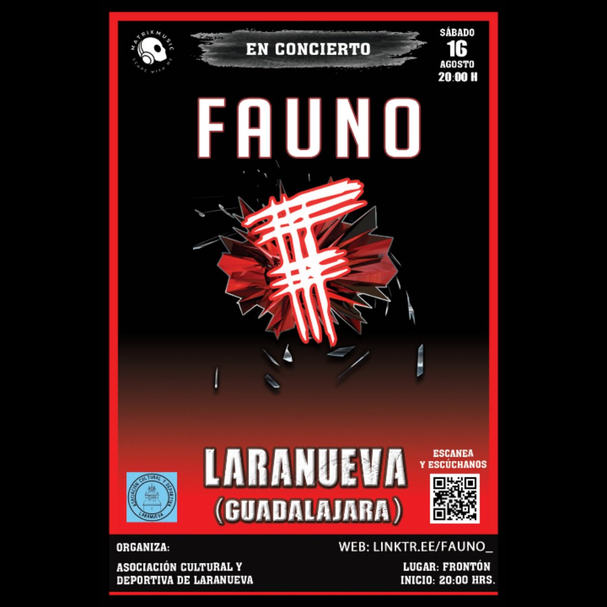 PRÓXIMO CONCIERTO
🔥🔥🔥🔥🔥🔥🔥🔥

Tardeo en Laranueva! Concierto este fin de semana. 

El sábado a las 20.00 h repartiremos rock del bueno con sello propio. 

🎸 Fauno
📆 16/Agosto/2025
➡️Sábado
🕚 20:00 h.
📍 Laranueva (Guadalajara) 
Lugar: Frontón