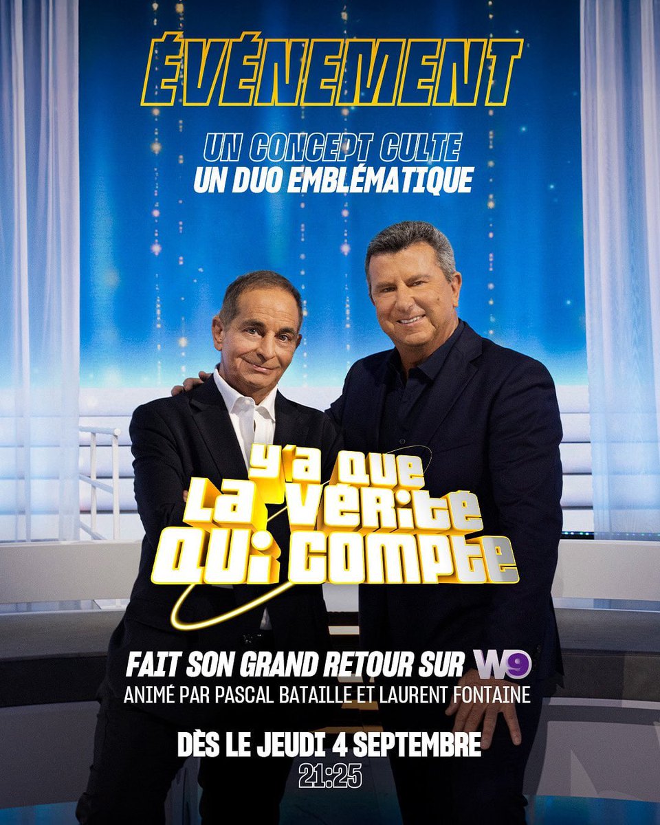 [#Télévision]

Insolite: Bataille et Fontaine voient double! Jeudi 4 septembre prochain, en prime, vous aurez notamment le choix entre "Y'a que la vérité qui compte" en rediffusion sur #CStar, ou bien... plusieurs numéros inédits de "Y'a que la vérité qui compte" sur #W9!