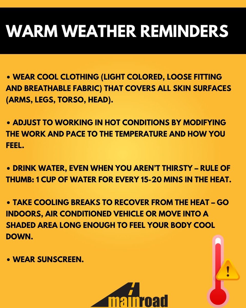 ☀️Working in the heat and doing physical work can affect the body's cooling system &amp; increase the risk of heat stress.

🔥Here are some reminders to prevent heat illness: