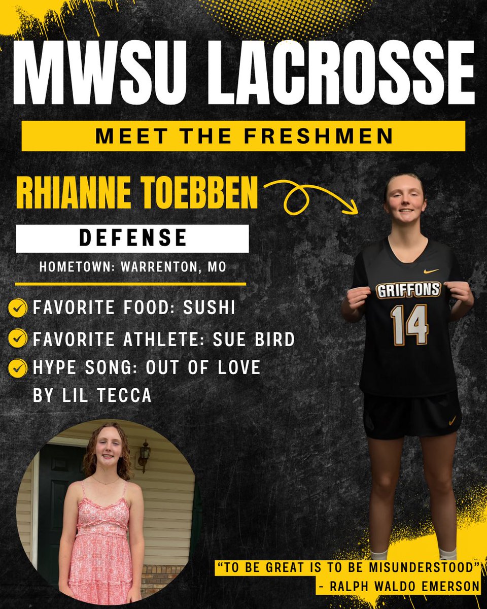 Griffon Lacrosse (@griffonlax) on Twitter photo Introducing the incoming freshmen! Next up - #14 Rhianne Toebben
Defense | Warrenton, MO Introducing the incoming freshmen! Next up - #14 Rhianne Toebben
Defense | Warrenton, MO