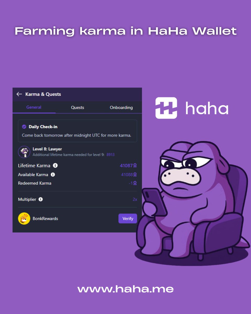 Karma is your activity currency in <a href="/haha_app/">HaHa Wallet 🤣</a>  
Earn Karma for:

-Transactions
-Completed quests
-Participation in Discord events

Instead of just wandering around the <a href="/monad/">Monad ⨀</a> testnet, you complete various tasks, earn Karma and level up in HaHa Wallet