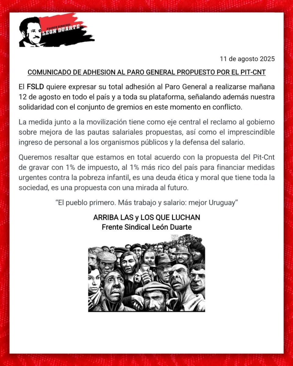 PVP_Espacio567's tweet photo. #Comunicado 
Les dejamos el Comunicado del #FrenteSindicalLeónDuarte al respecto del Paro General propuesto por el @PITCNT1 para mañana.

¡Arriba las y los que luchan!

#PVP50años 
#IzquierdaViva https://t.co/9HH6VbEAPs