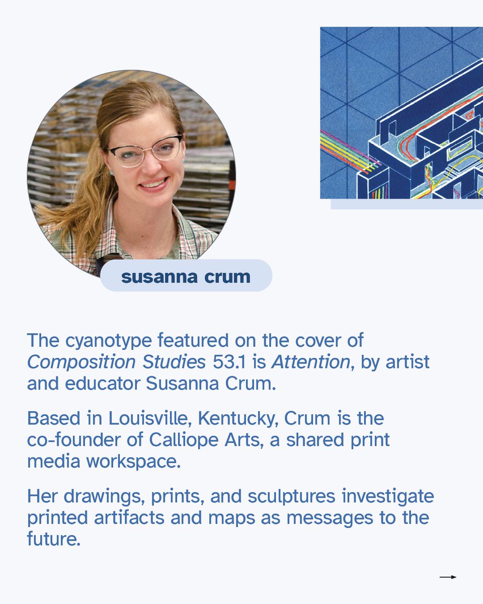 CompStudiesJrnl's tweet image. Crum blends the cyanotype’s 1840s roots in science with her own observations about attention in teaching and learning. 

#cs531 #chartingourcourse #compositionstudies #writingstudies #rhetcomp #coverart #cyanotype