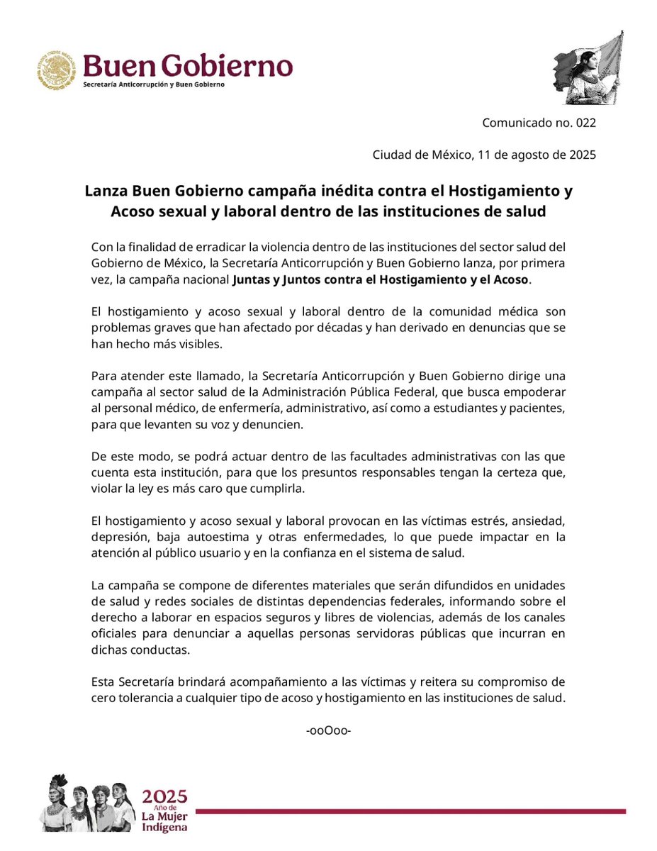 #ComunicadoBuenGobierno

Lanza Buen Gobierno campaña inédita contra el Hostigamiento y Acoso sexual y laboral dentro de las instituciones de salud del <a href="/GobiernoMX/">Gobierno de México</a>

📄 cutt.ly/crF5Tbu6