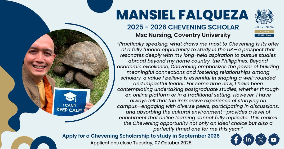 Congratulations again to Mansiel on his Chevening Scholarship! Manny has spent the past year applying, interviewing and hoping. Now, he's packing! Chevening Scholarships to study in 2026/27  are now open! <a href="/GO_ASHT/">Governor's Office - St Helena, Ascension & Tristan</a> #IAmChevening #MyCheveningJourney  chevening.org/apply