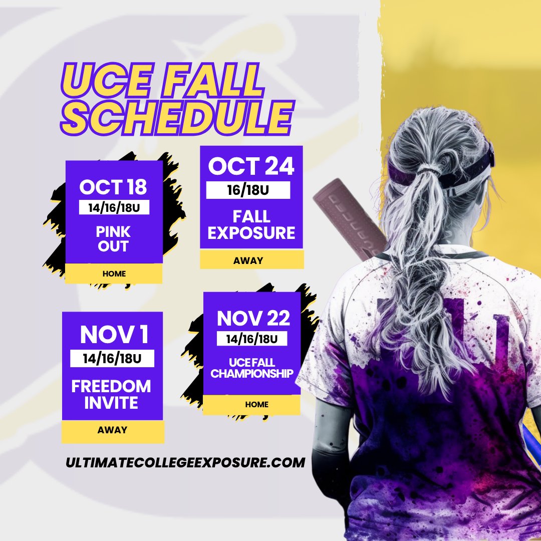 UCE EVENTS THIS FALL
💛🤍💜
Check out our slate of HIGHLY recruited events for the Fall 2025 season in October &amp; November. Bring your squad out &amp; play in front of the biggest names in college softball. Register online at ultimatecollegeexposure.com