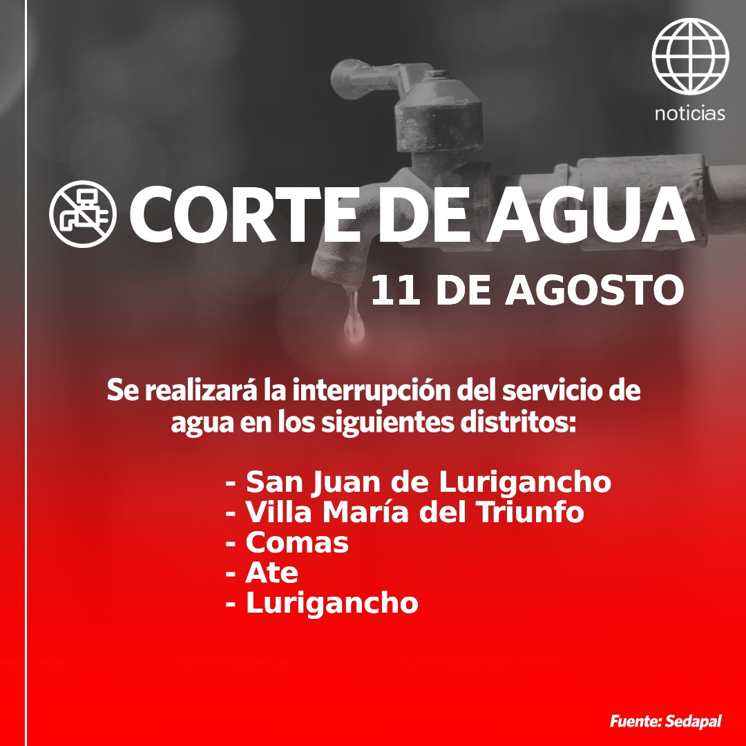 americatv_peru's tweet photo. ⚠️ Atentos ¡Corte de agua!

Sedapal: Distritos donde habrá corte de agua el 11 de agosto ► https://t.co/sMVwS1EoiO https://t.co/leRLwMuDef