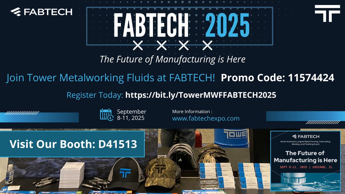 Join Tower at FABTECH 2025!
📅 September 8–11 | 📍 Booth D41513
✅ Use promo code 11574424 to register: bit.ly/TowerMWFFABTEC…

See how our innovative, hazard-free solutions can optimize your operations and boost performance. Don’t miss it!

#FABTECH2025 #TowerMWF
