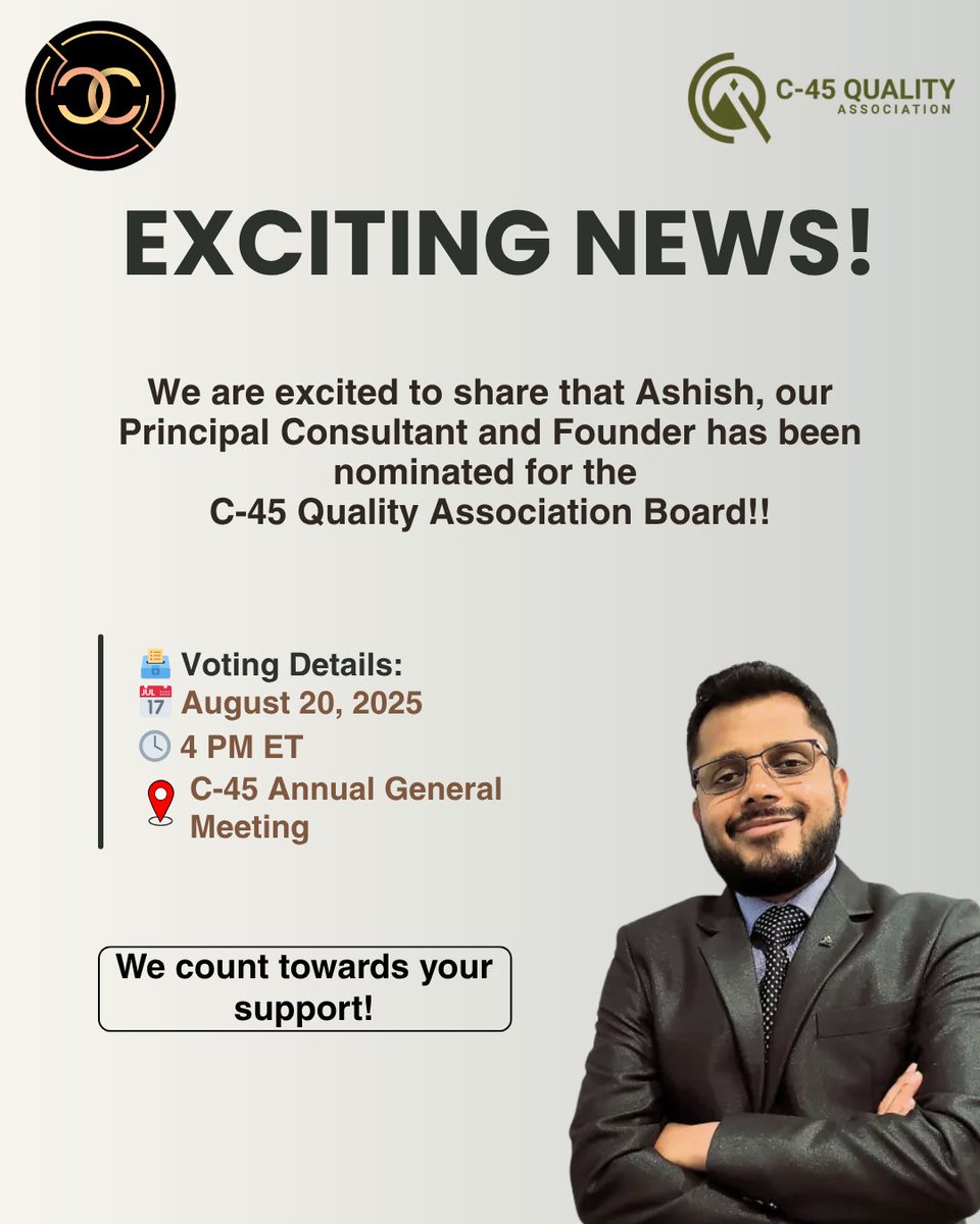 cansat_inc's tweet photo. 🌿 Exciting News from CanSat Consulting!

We're proud to share that our CEO, Ashish, has been nominated for the C-45 Quality Association Board — a recognition that reflects his dedication to advancing quality and regulatory excellence in the cannabis industry.

🗓️ Voting takes place on August 20, 2025, at 4 PM ET during the Annual General Meeting (AGM).

We’re grateful to be part of a growing community that’s committed to setting higher standards for compliance and quality. Best of luck to all the nominees!

#C45QualityAssociation #CannabisCompliance #LeadershipInCannabis #CanSatConsulting #CannabisQuality #AGM2025