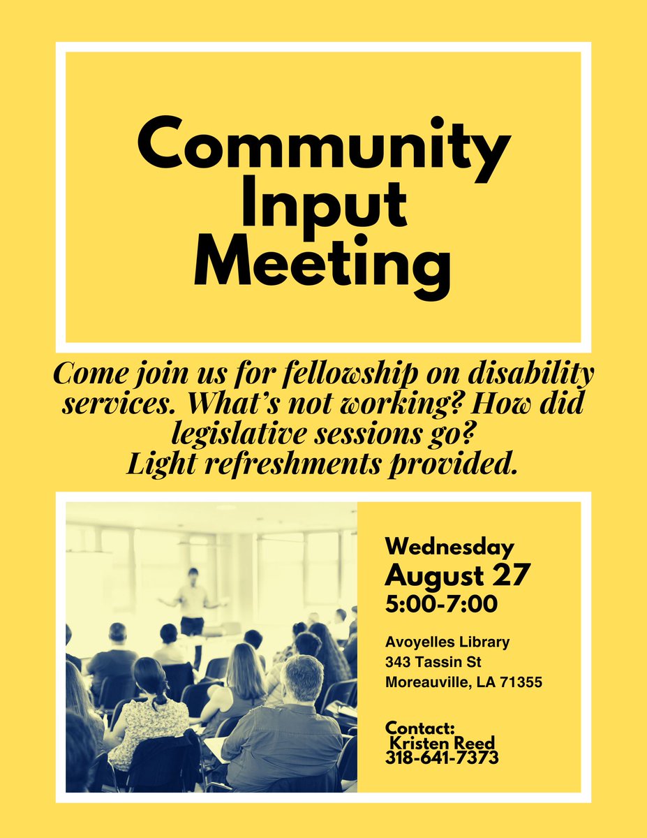 HEY REGION 6! Community Input Meetings are coming up!

📅 Wednesday, August 27th - 5pm
📍 Avoyelles Library
343 Tassin St
Moreauville, LA 71355

Get registered TODAY!