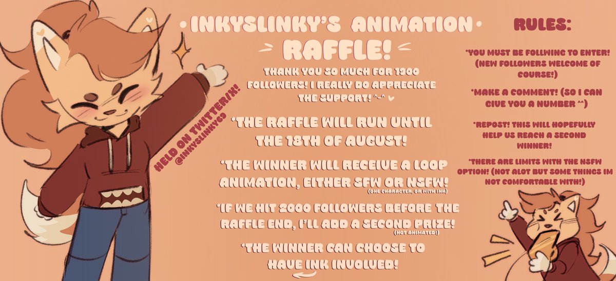 To thank you all so much for your support, I figured it’s about time for an animation raffle! ;D

All you gotta do is: Follow, Retweet, and Comment for a chance to win!
More details below!

Good luck if you decide to enter! :D
#furry #art #animation #raffle #nsfw #sfw #raffleart