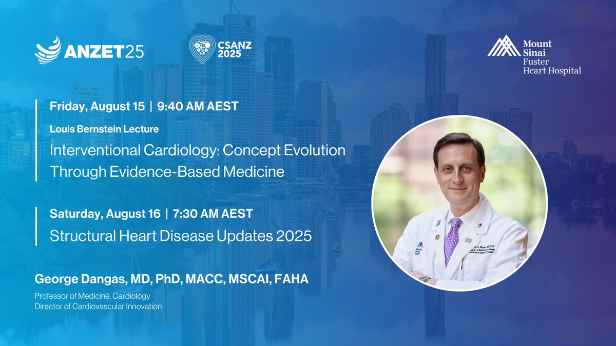 Mount Sinai Fuster Heart Hospital (@mountsinaiheart) on Twitter photo Join Dr. <a href="/georgedangas/">George Dangas, MD, MACC, MSCAI</a> at #ANZET25 for his distinguished Louis Bernstein lecture on โInterventional Cardiology: Concept Evolution Through Evidence-Based Medicineโ and hear updates on structural heart disease.
<a href="/thecsanz/">CSANZ</a> <a href="/IcahnMountSinai/">Icahn School of Medicine at Mount Sinai</a> #CardioX Join Dr. <a href="/georgedangas/">George Dangas, MD, MACC, MSCAI</a> at #ANZET25 for his distinguished Louis Bernstein lecture on โInterventional Cardiology: Concept Evolution Through Evidence-Based Medicineโ and hear updates on structural heart disease.
<a href="/thecsanz/">CSANZ</a> <a href="/IcahnMountSinai/">Icahn School of Medicine at Mount Sinai</a> #CardioX
