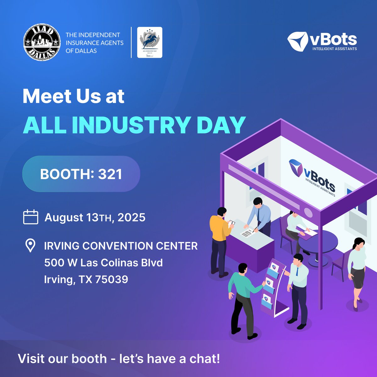 📅 Aug 13 | 📍 Booth 321, Irving Convention Center

See how vBots saves agencies 40–100+ hours/month with AMS automation. Stop by and let’s chat!

#IIAD #InsurTech #AllIndustryDay #Automation