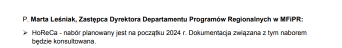Iwona Janicka 🇵🇱🇪🇺🌳💚🤝⚡📐 (@ifjanicka) on Twitter photo Z prac komitetu monitorującego KPO (maj 2023)
Marzena Chmielewska z <a href="/Konf_Lewiatan/">Konfederacja Lewiatan</a> pyta czy kryteria naboru dla branży HoReCa będą konsultowane.
Były?
Regulaminy i kryteria były zmieniane - tyle widzimy na stronie <a href="/parpgovpl/">Polska Agencja Rozwoju Przedsiębiorczości</a> dot. naboru Z prac komitetu monitorującego KPO (maj 2023)
Marzena Chmielewska z <a href="/Konf_Lewiatan/">Konfederacja Lewiatan</a> pyta czy kryteria naboru dla branży HoReCa będą konsultowane.
Były?
Regulaminy i kryteria były zmieniane - tyle widzimy na stronie <a href="/parpgovpl/">Polska Agencja Rozwoju Przedsiębiorczości</a> dot. naboru