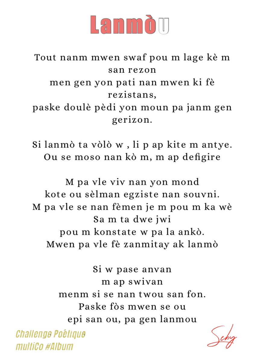 VIII . LANMÒ U

#Album
<a href="/mcollinx17/">mCo.</a> 

Repoze an pè, se baryè ki klotire 
Tout byenèt etènize 
Lento simityè se pasaj oblije 
Nan laperèz mouche lanmò .
Nanpwen garanti n ap siviv ak lanmou
Si sansiblite m ,fè m pè kenbe w

youtu.be/xtiXj_z5LSQ?si…