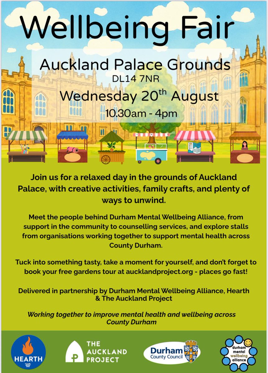 _StampOutStigma's tweet photo. On Wednesday 20 August, there will be a Wellbeing Fair taking place at Auckland Palace Grounds (DL14 7NR). ❤️

From 10:30am to 4pm, pop along and say hello to the Durham Mental Wellbeing Alliance, as well as other local mental health services and organisations. https://t.co/TJhYmo5K4g