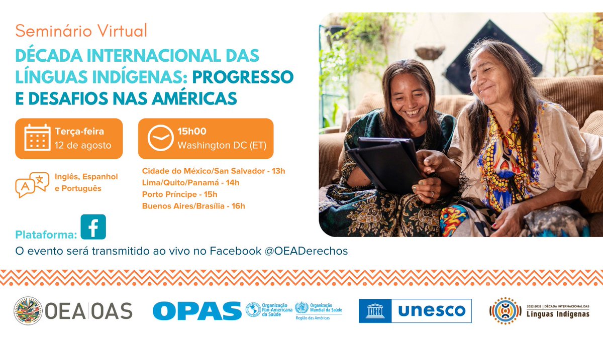 🗓️Amanhã

Participe do seminário virtual sobre a Década Internacional das Línguas Indígenas: Progresso e Desafios nas Américas🌎

🕑15h00 (ET)
💻 Facebook Live: bit.ly/4mGEBd8
📢Em espanhol, inglês e português