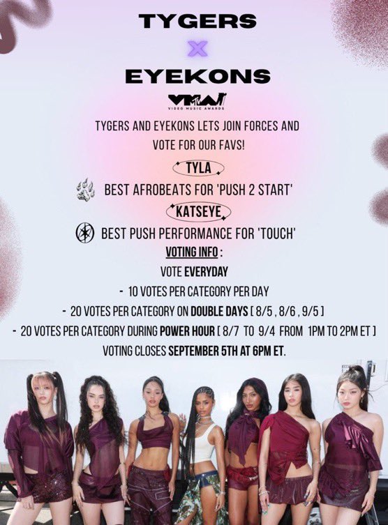 Power hour for #vmas  has now started and votes are now doubled 

Vote KATSEYE in the 'Best Push' category! Remember we are also still voting for Sabrina &amp; Tyla in their respective categories as part of the collab! 🌟

mtv.com/event/vma/vote…