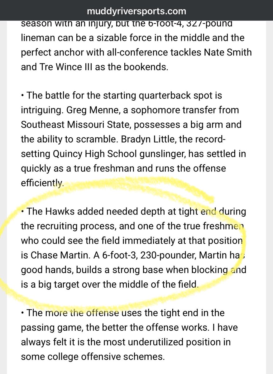 <a href="/ChaseMartin_fb/">Chase Martin</a> starting off strong up at <a href="/QUHawksFootball/">Quincy University Football</a>!  Not surprised but great to see!!!