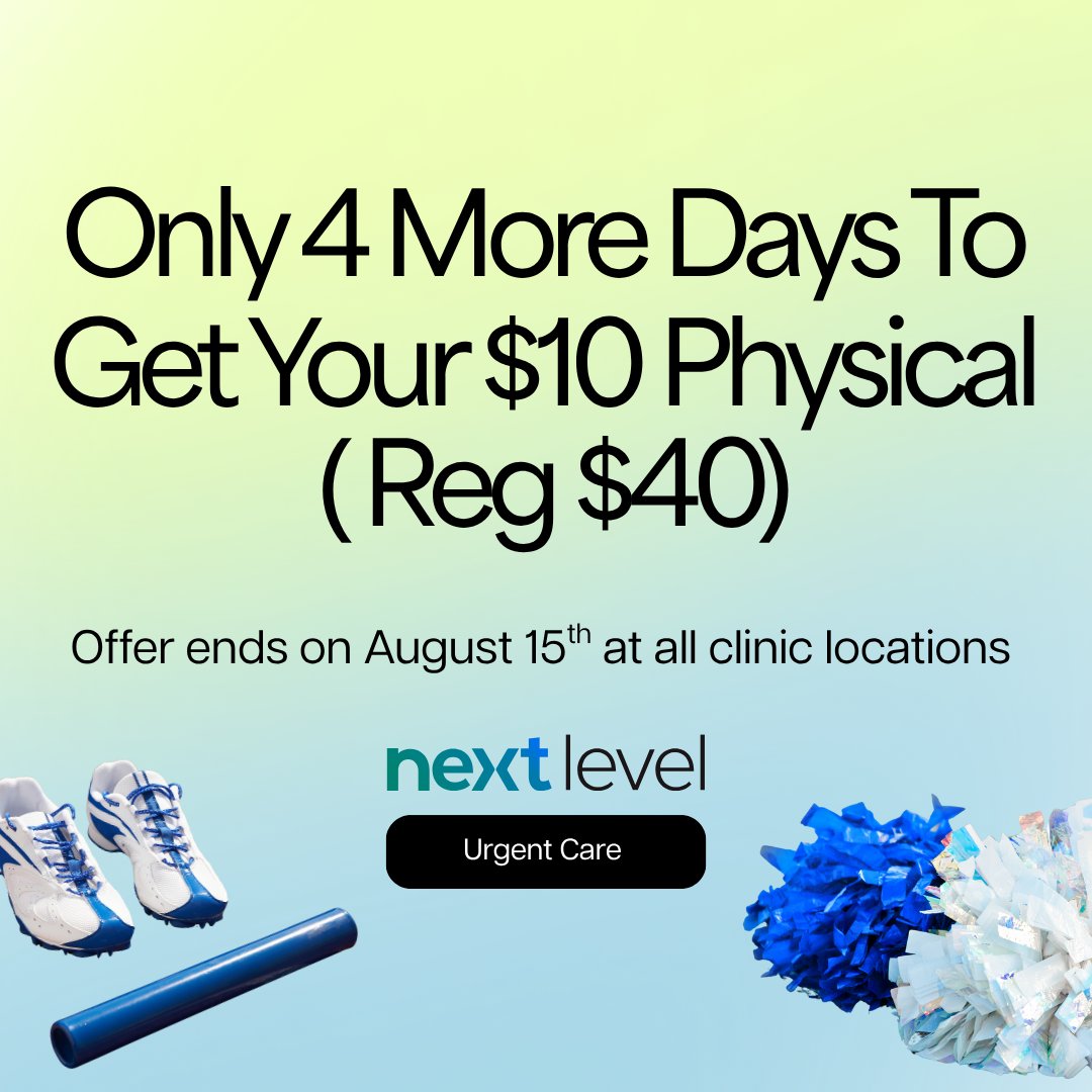 Only 4 days left to score BIG on your $10 physicals (reg. $40)! 🏆 Walk in or book online.  Offer ends Aug. 15th at ALL locations! 

#nextlevelurgentcare #sportsphysicals