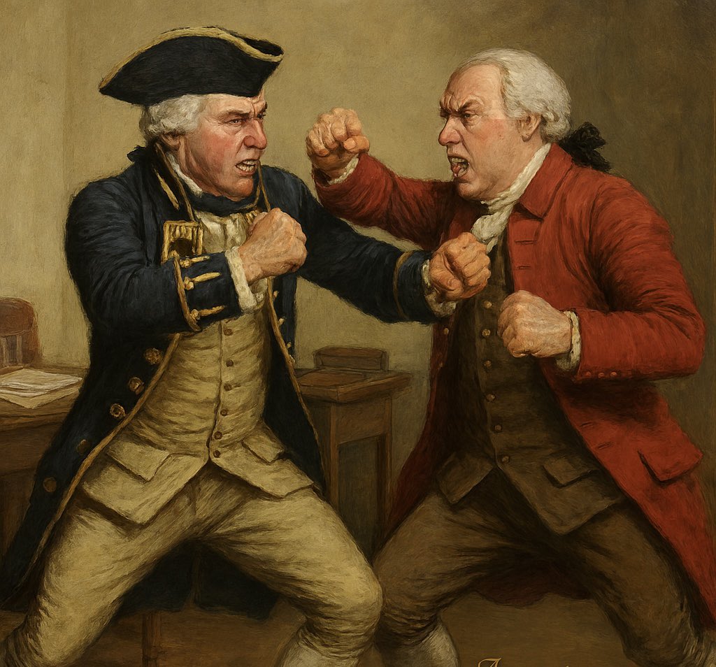 When diplomacy fails, fisticuffs prevail. On August 11, 1775, Admiral Graves and Commissioner Hallowell settled a hay dispute the old-fashioned way—in the streets of Boston. 🤜🤛. #RevolutionaryDrama #HistoryBrawl 🥊🇬🇧 #OTD Two British officials. When words failed, fists flew.