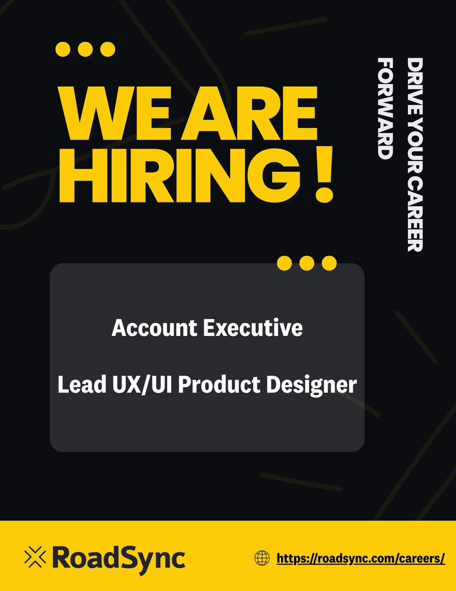 GoRoadSync's tweet photo. We're hiring! 💥 

We need a top-tier Account Executive and a visionary Lead UX/UI Product Designer for our hybrid team. 

Ready to accelerate your career and shape the future? Apply now! 👇

[https://t.co/ta201ddWhu]

#Hiring #AtlantaJobs #RoadSync #HybridWork https://t.co/PFYZTY6ued