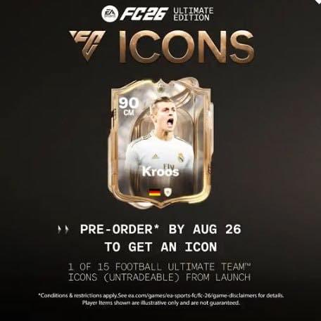 Betocoinsky's tweet image. EA ha anunciado oficialmente a 🇩🇪Toni Kroos como un ICON en #FC26.
Su tarjeta, una de las 15 disponibles a través de la Ultimate Edition anticipada pre-order, viene con una calificación de 90 - y su tarjeta base probablemente será aún más alta.