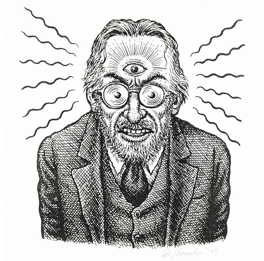 Crumb's 'Third Eye' 👁️ self-portrait from '01 — it's raw and real. A peek into Crumb's consciousness 🧠, blending the everyday 🏙️ with the outlandish! 👽 #art #comics #glennhead