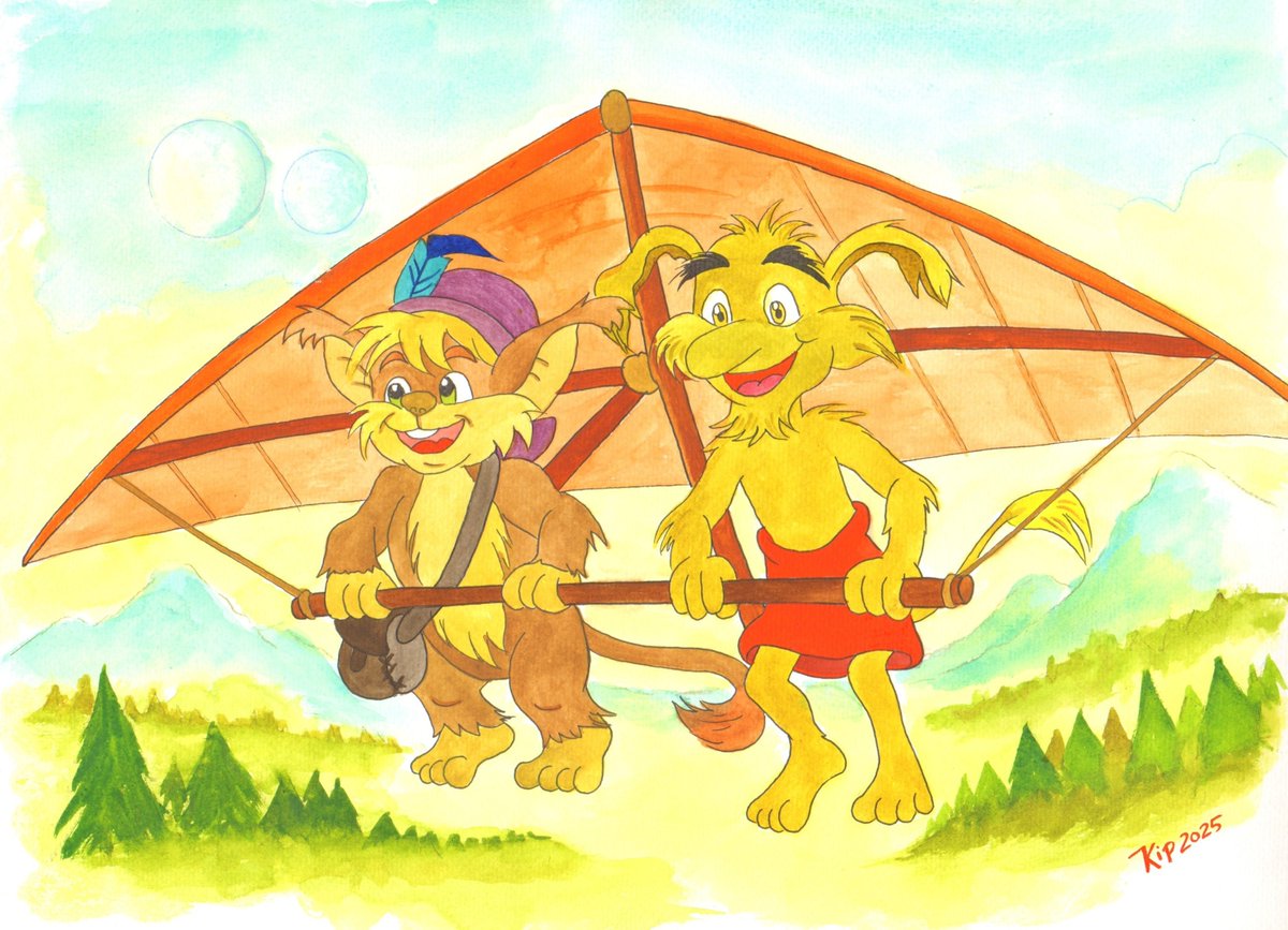 Artem und Morke erfüllen sich ihren Traum vom Fliegen mit einem selbst gebauten Drachenflieger. Dies ist eine wichtige Schlüsselszene aus meiner Geschichte "Mondschein und Schattenstern", die ich heute gezeichnet habe. #fantasy #illustration