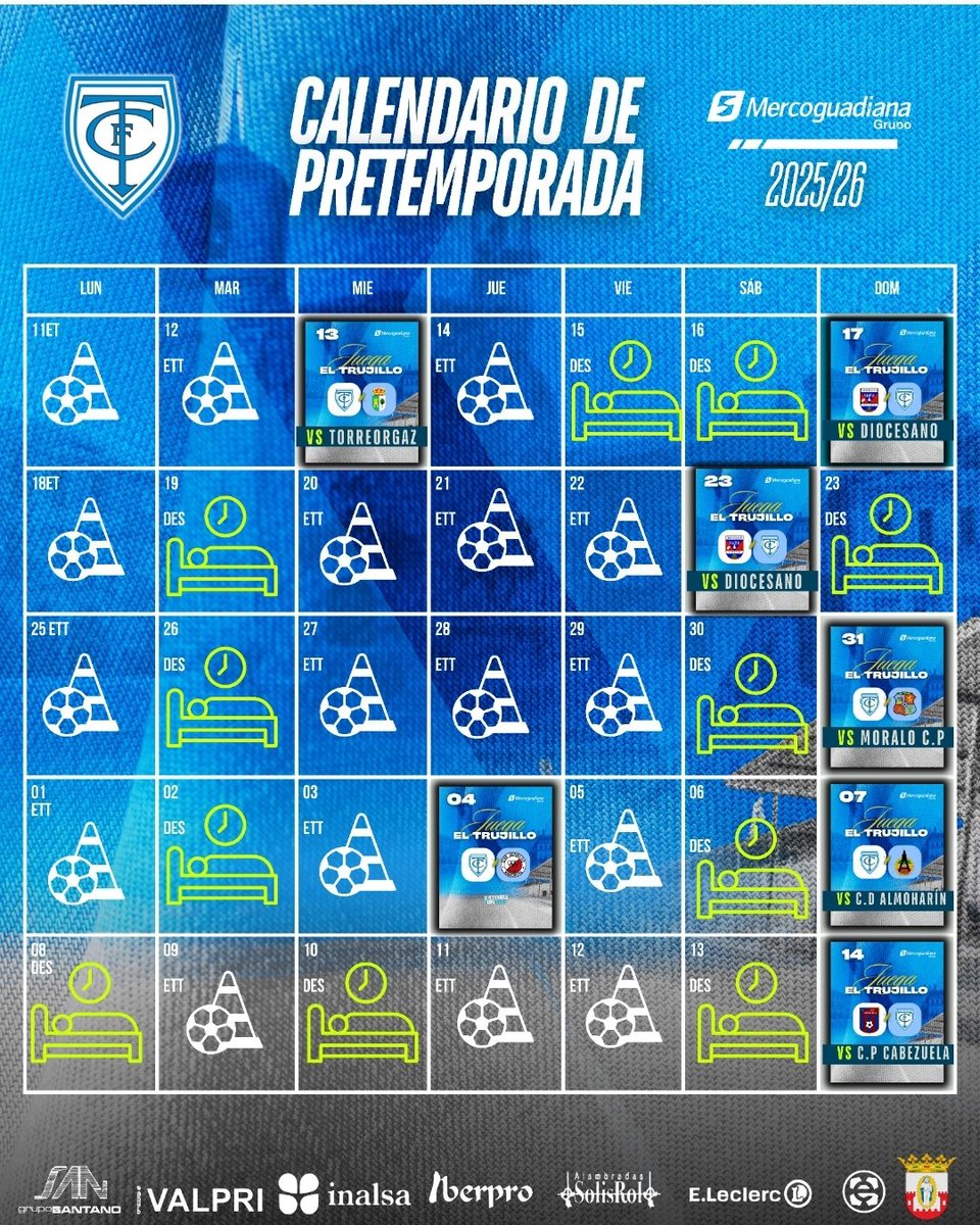 ⚽️ COMIENZA LA TEMPORADA 25/26 ⚽️

Comienza una nueva temporada. Nervios, ilusión y responsabilidad para lo que nos viene.

📅 11 agosto: Inicio de los entrenamientos
🕗 20:00h

Puertas abiertas para que podáis acompañar al equipo.

¡¡AÚPA TRUJILLO!! 💙🤍💙