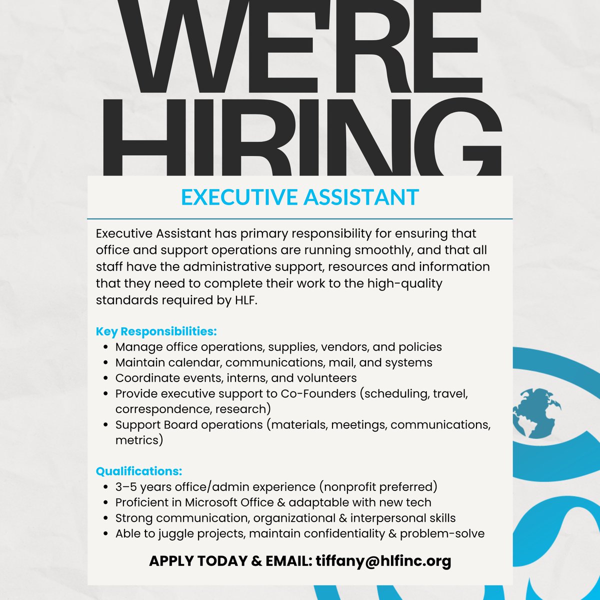 Holistic Life Foundation (@hlfinc) on Twitter photo 🚨 We’re Hiring: Executive Assistant 🚨
📩 Interested candidates please submit a resume and cover letter to Tiffany McGinnis at tiffany@hlfinc.org
#JobOpening #ExecutiveAssistant #HiringNow #NonprofitJobs #JoinOurTeam 🚨 We’re Hiring: Executive Assistant 🚨
📩 Interested candidates please submit a resume and cover letter to Tiffany McGinnis at tiffany@hlfinc.org
#JobOpening #ExecutiveAssistant #HiringNow #NonprofitJobs #JoinOurTeam