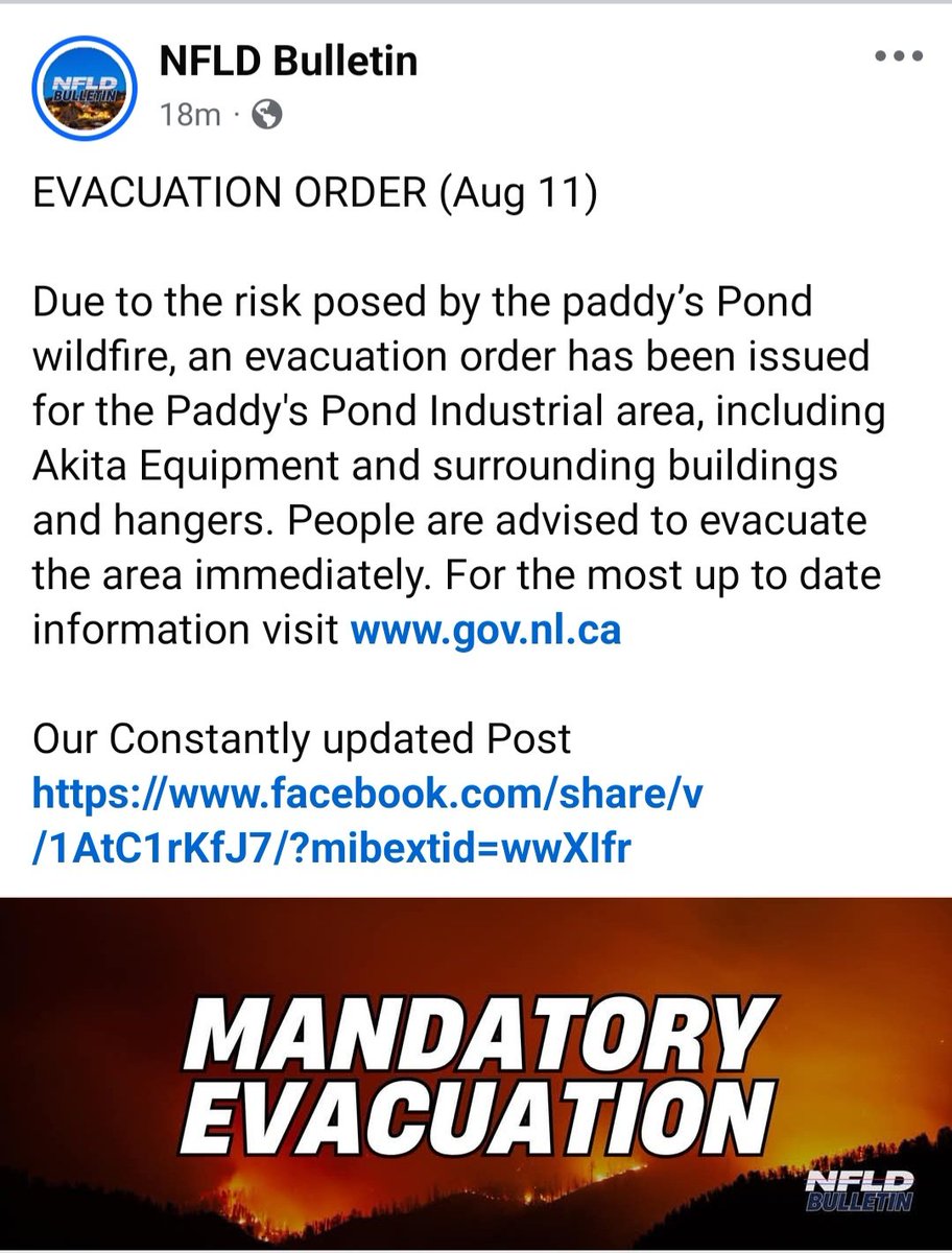 boo_buggle's tweet photo. Reports of a new Evacuation order issued for Paddy's Pond area.
I haven't seen an official post from any of the government social media accounts yet. But the priemer did say they are imminent on his live wildfire update.
#nlfires #nlwildfires #nlwx #nltraffic #nlfire https://t.co/F47Okz5XyN