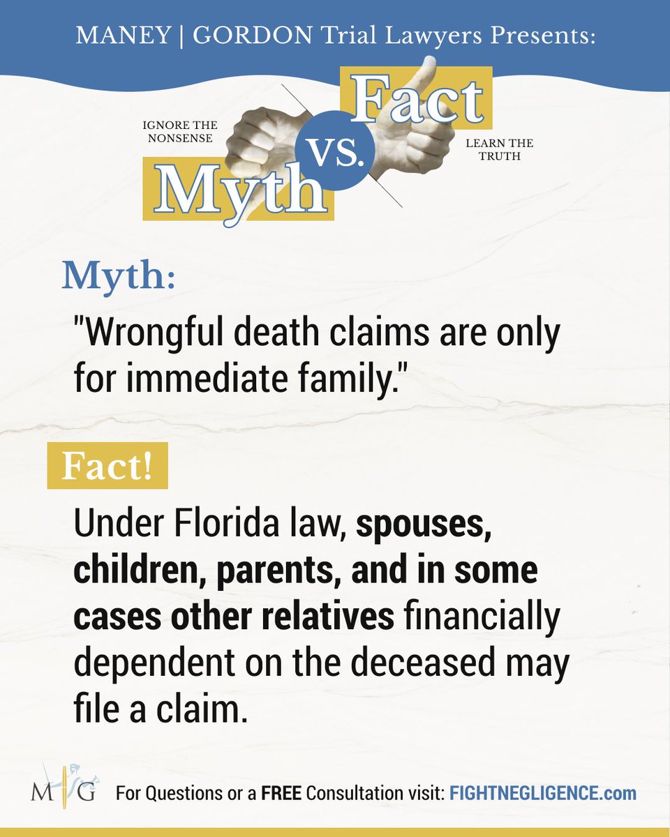 FightNegligence's tweet photo. 🚫 Myth: Wrongful Death claims are ONLY for immediate family.
.
.
.
.
#maneygordon #maneygordontriallawyers #wrongfuldeath #tampalawyer #fightnegligence #legal #bestlawfirm #superlawyers #bestlawyers #tampalawfirm #mg #mgtriallawyers #cocounsel https://t.co/V4A5ZqcsU5