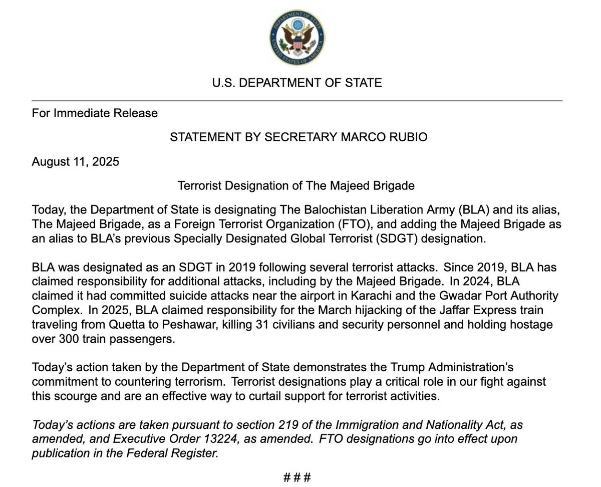 clashreport's tweet photo. BREAKING: US Department of State is designating Balochistan Liberation Army (BLA) and its alias, Majeed Brigade, as a foreign terrorist organization. https://t.co/ZKKyX0LWOj