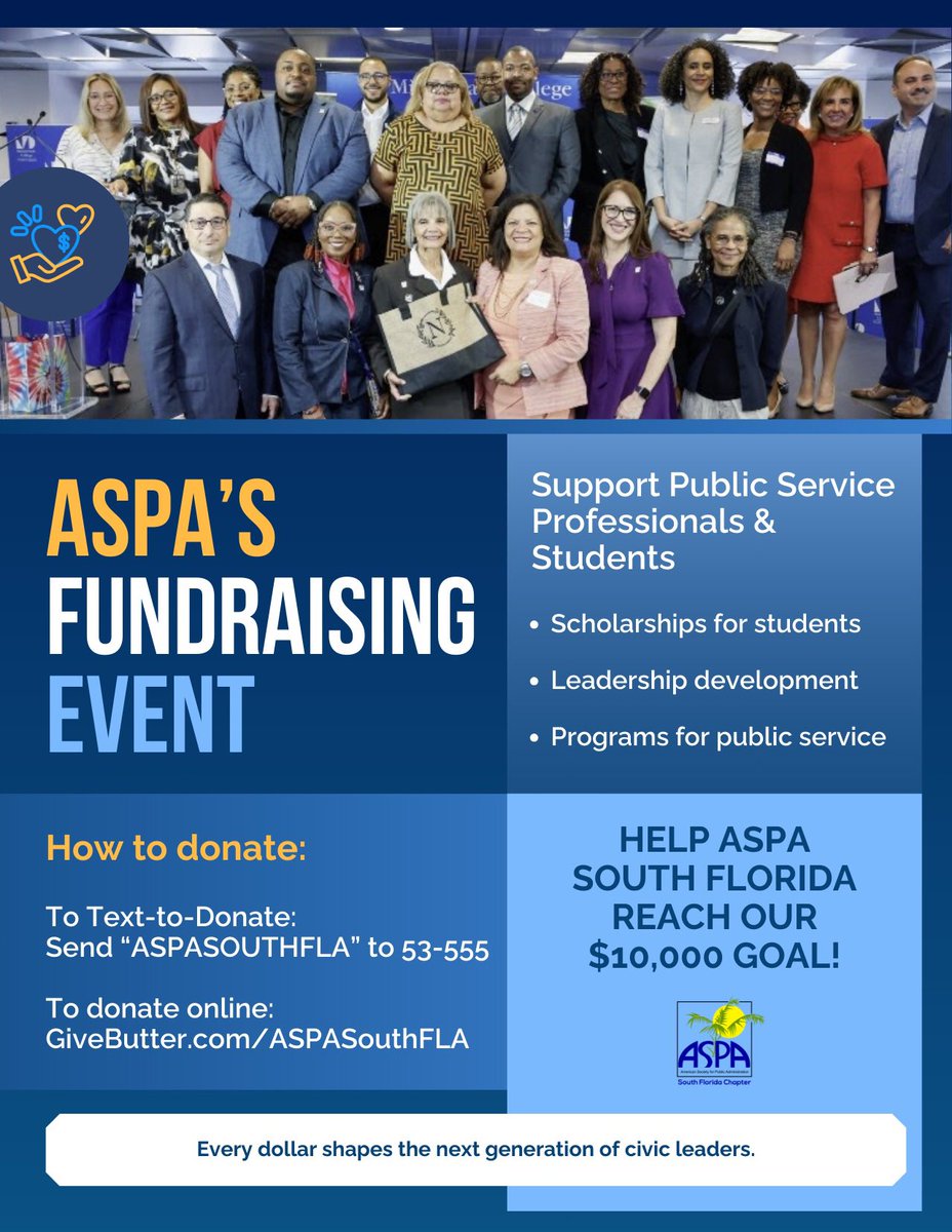 Support #ASPA South Florida in Reaching Our $10,000 Goal! 🌟

Help fund scholarships, leadership development, and impactful initiatives that empower students &amp; professionals in our region. 

📲 Text-to-Donate:
Send “ASPASOUTHFLA” to 53-555

🌐 Give online:
givebutter.com/ASPASouthFLA