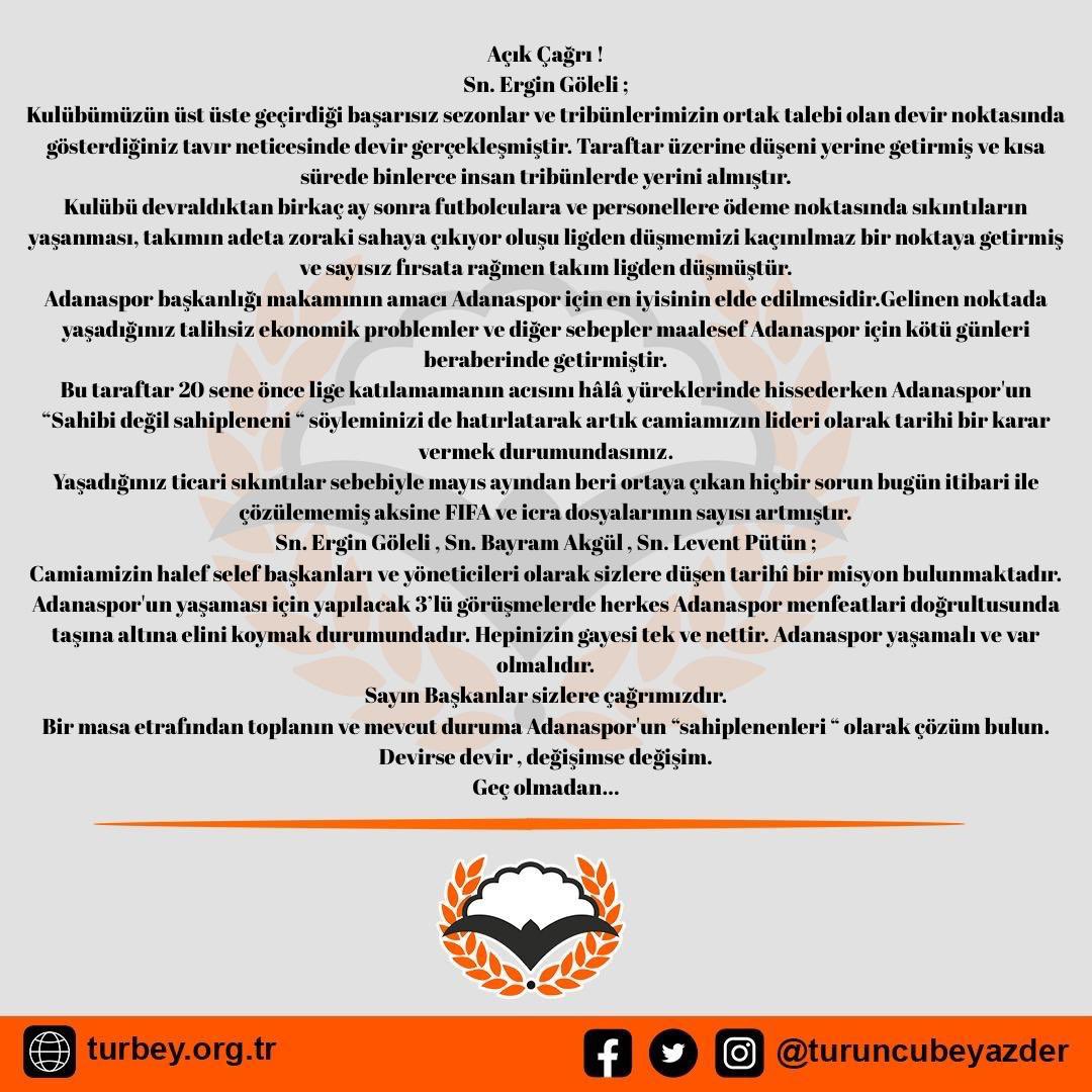 AÇIK ÇAĞRI! 

Sn. Ergin Göleli ;
Kulübümüzün üst üste geçirdiği başarısız sezonlar ve tribünlerimizin ortak talebi olan devir noktasında gösterdiğiniz tavır neticesinde devir gerçekleşmiştir. Taraftar üzerine düşeni yerine getirmiş ve kısa sürede binlerce insan tribünlerde yerini