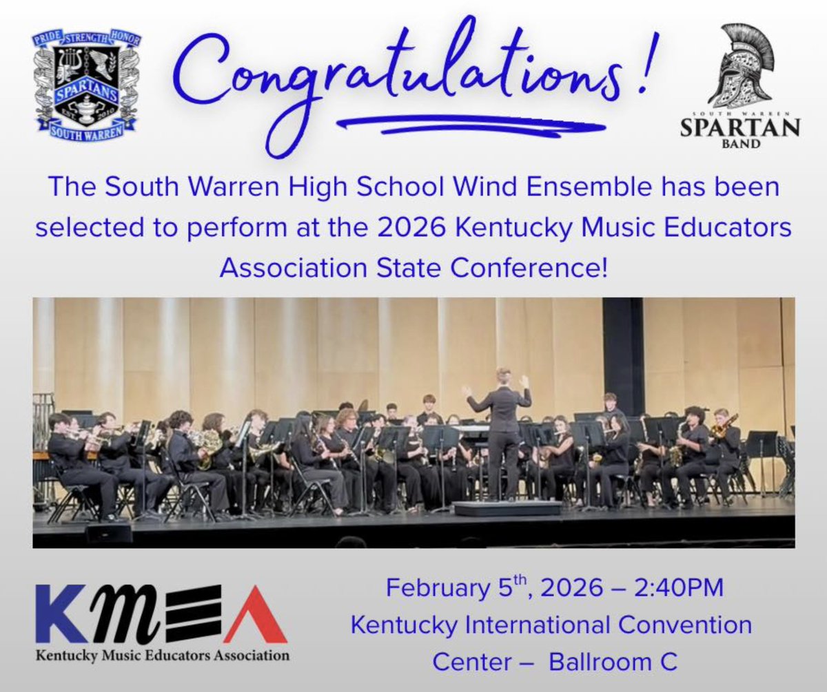 Warren Co Schools (@warrencoschools) on Twitter photo Congratulations to the <a href="/SouthWarrenHS/">South Warren High School</a> Wind Ensemble for being selected to perform at the 2026 Kentucky Music Educators Association State Conference — the first time in school history!
Thursday, February 5th, 2026, 2:40 PM, Kentucky International Convention Center, Ballroom Congratulations to the <a href="/SouthWarrenHS/">South Warren High School</a> Wind Ensemble for being selected to perform at the 2026 Kentucky Music Educators Association State Conference — the first time in school history!
Thursday, February 5th, 2026, 2:40 PM, Kentucky International Convention Center, Ballroom