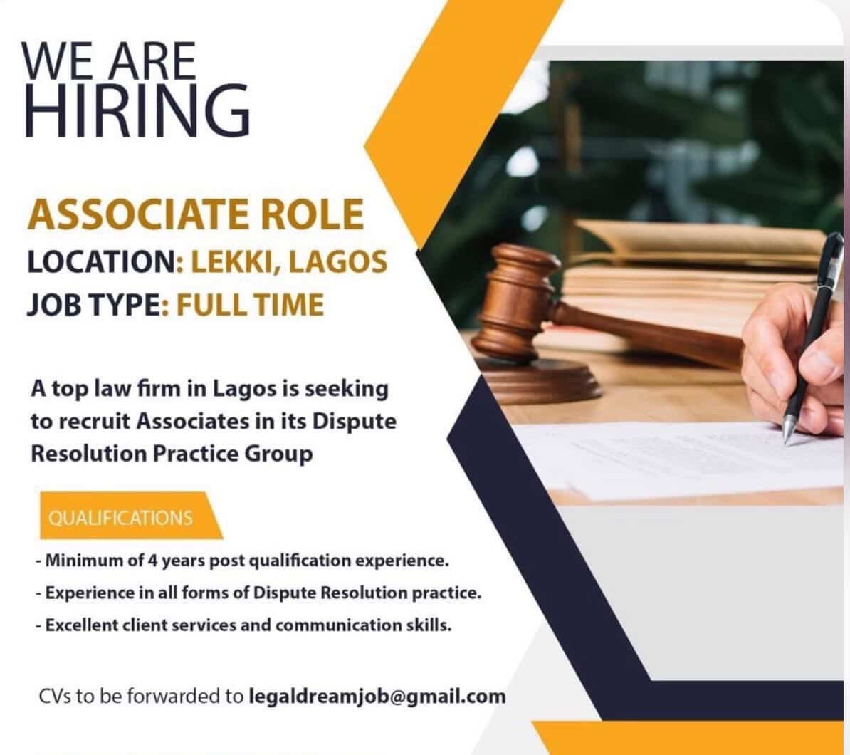 NigerianLegalN's tweet photo. A leading law firm in Lekki is recruiting for the role of Associates. Interested and qualified candidates should send their CVs to legaldreamjob@gmail.com

#lawtwitter https://t.co/7iG0y0c2eK
