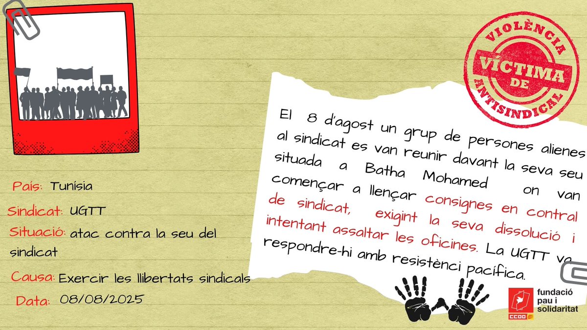 📢Atenció! Nou cas de #violènciaantisindical a  Tunísia 🇹🇳  atac i intent d'assalt a la seu de la <a href="/UGTT_TN/">UGTT</a> 
✊✊🏾Defensar els drets, polítics,  econòmics i socials de la classe treballadora no és delicte!

Les llibertats sindicals també són drets humans