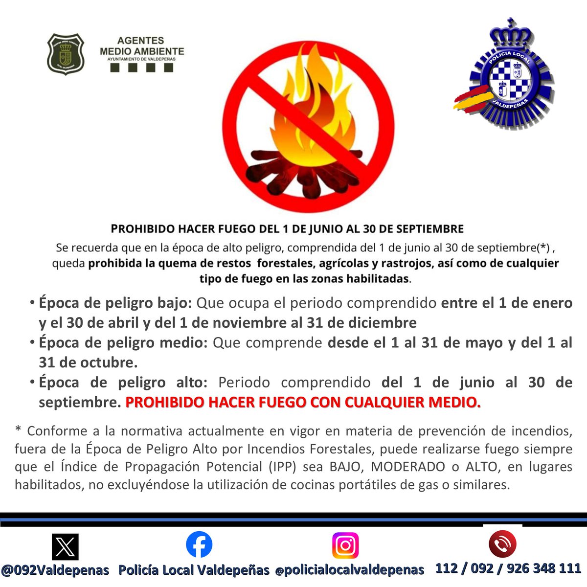 092Valdepenas's tweet photo. Estamos en época de PELIGRO ALTO DE INCENDIO.
No es posible hacer fuego de ningún tipo.
Ya llegará el momento de las barbacoas...
🥩🥔🍖🥦🥓
#EstaryServir
#ValdepeñasSegura
#ValdepeñasInformada
#PoliciaLocalValdepeñas
#CPL227 #112 #092 #926348111
#SeguridadCiudadana https://t.co/6N8bVrDAob