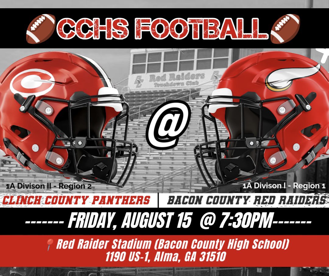 ccpanthernation's tweet photo. The Panthers take on Bacon County this Friday in Alma to open up the season! See you there! 🏈🐈‍⬛🐾❤️🤍 #RollRedRoll #PantherNation #FTV #FryBacon🥓 https://t.co/M0pjhsTkbc