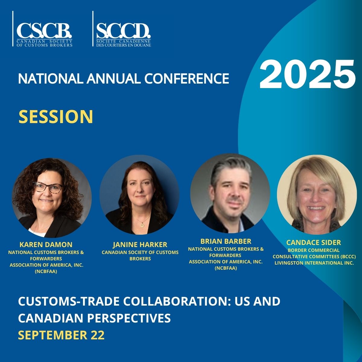 CSCB_CA's tweet image. Sept 22, Panel discussion:  Customs–Trade Collaboration: US &amp;amp; Canadian Perspectives.
Speakers: Brian Barber, Candace Sider, Janine Harker, Karen Damon. COAC &amp;amp; BCCC leaders on advancing customs–trade collaboration. Join the discussion: bit.ly/3Y2ngBh