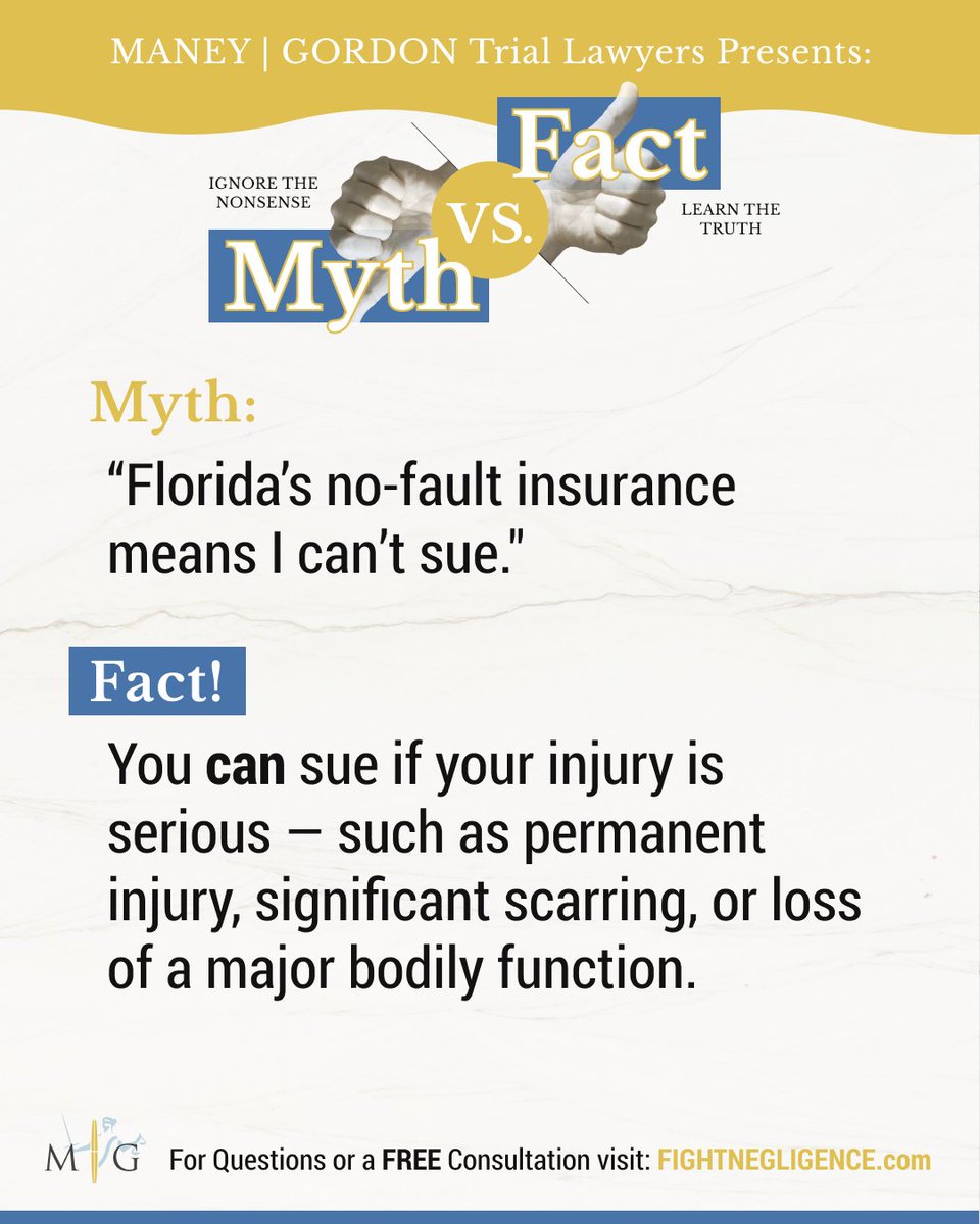 FightNegligence's tweet photo. 🚫 Myth: Florida's no-fault insurance means I can't sue.
.
.
.
.
#caraccident #personalinjury #maneygordon #maneygordontriallawyers #tampalawyer #fightnegligence #legal #bestlawfirm #superlawyers #bestlawyers #tampalawfirm #mg #mgtriallawyers #cocounsel https://t.co/k2mbxgNvsT