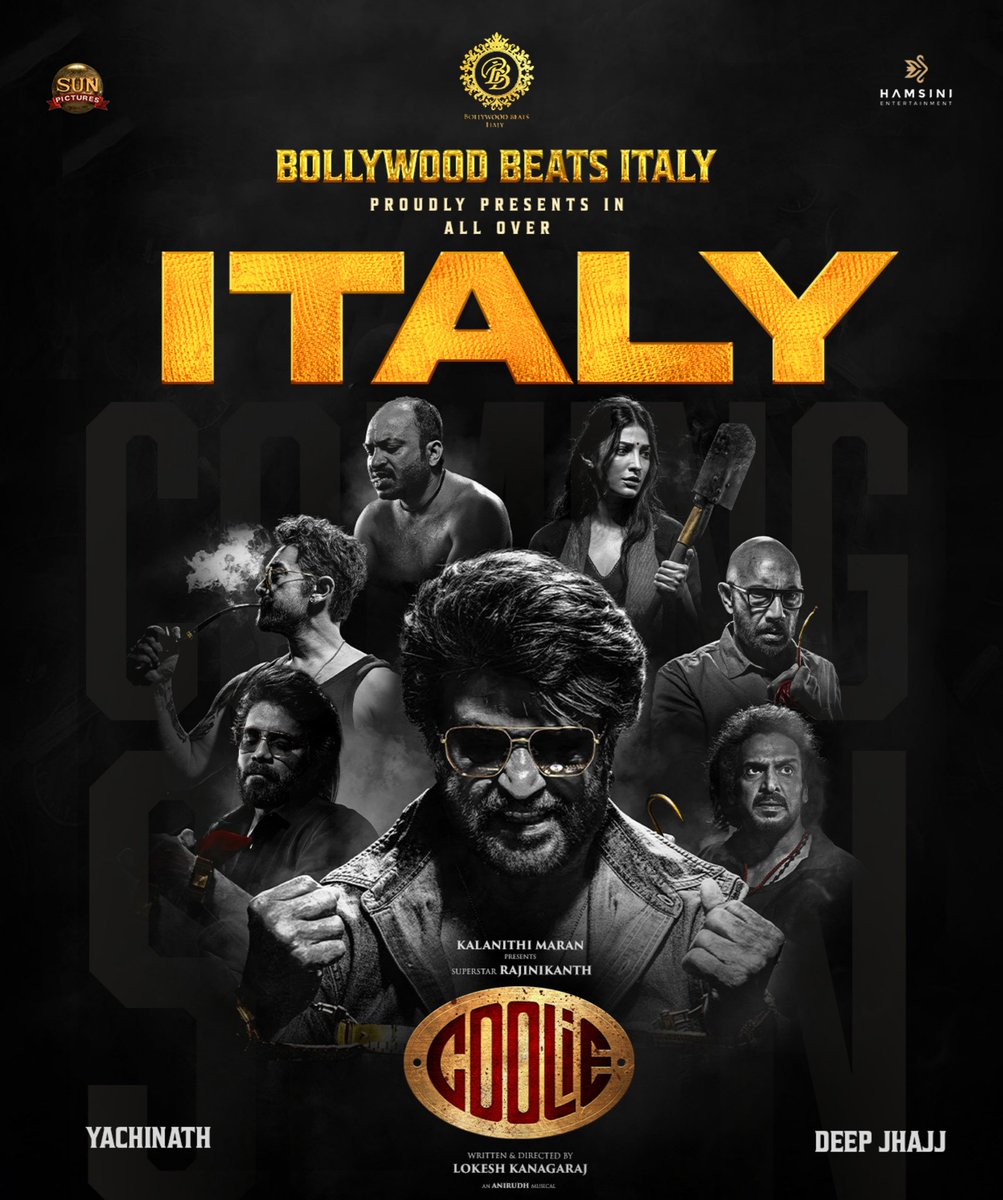 DISTRIBUTIONBBI's tweet photo. Italy, are you ready? 😎 Superstar Rajinikanth is arriving with #Coolie, directed by Lokesh Kanagaraj! Get ready for an epic cinematic ride.
 #BollywoodBeatsItaly #Rajinikanth #LokeshKanagaraj #ComingSoon https://t.co/Jhd8BHMbzk