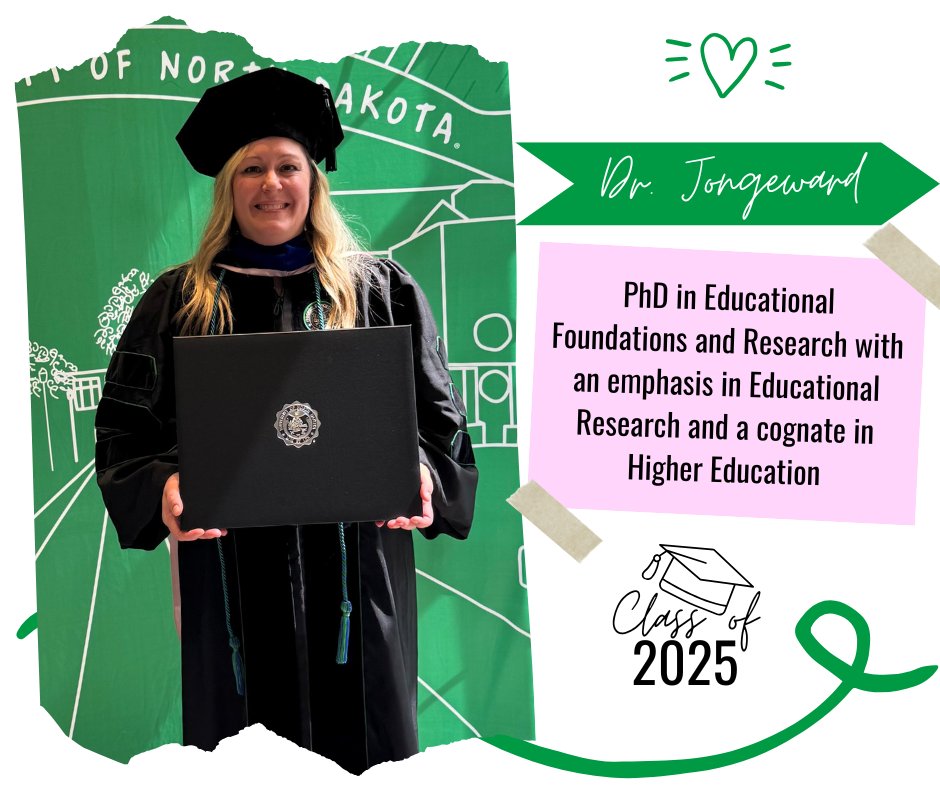 UNDMLS's tweet image. ⭐️Faculty Spotlight⭐️
Help us congratulate MLS Assistant Professor, Shannon Jongeward, on her recent graduation with her PhD in Educational Foundations and Research with an emphasis in Educational Research and a cognate in Higher Education!
Congrats again, Dr. Jongeward 🎓