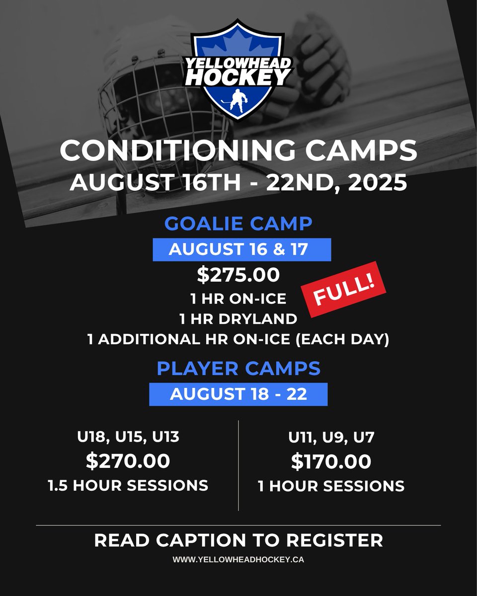 Goalie Camp: FULL ✅
Skaters: register by Wed, Aug 13. Schedules out Fri, Aug 15. Payment due Sun, Aug 17 to confirm.
📧 E-transfer yhdsectres@gmail.com (include skater’s name + age group)
📝 Register: shorturl.at/PEOV6