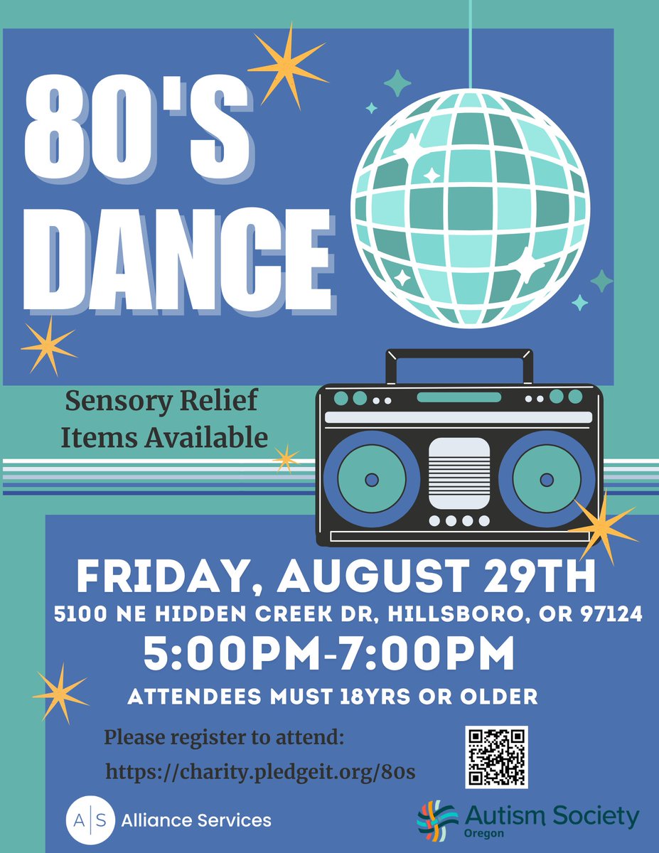 Autism Society OR (@autismsocietyor) on Twitter photo Presented by The Autism Society of Oregon
Sensory Friendly 80's Dance
Friday, August 29th from 5:00pm to 7:00pm
Hidden Creek Community Center
This dance is free and for ages 18+
Register: charity.pledgeit.org/80s
Questions? Events@AutismSocietyOregon.org or call 503-636-1676. Presented by The Autism Society of Oregon
Sensory Friendly 80's Dance
Friday, August 29th from 5:00pm to 7:00pm
Hidden Creek Community Center
This dance is free and for ages 18+
Register: charity.pledgeit.org/80s
Questions? Events@AutismSocietyOregon.org or call 503-636-1676.