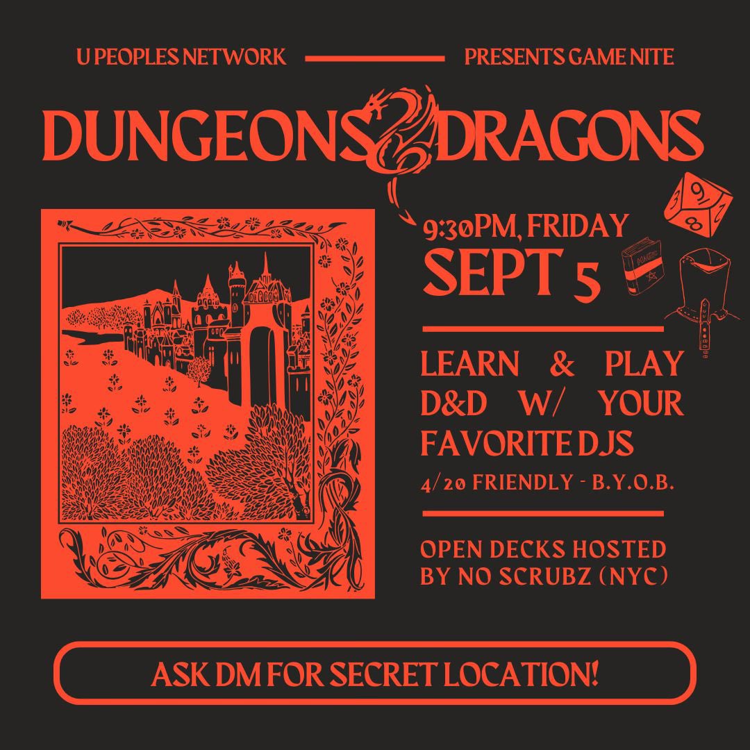 upeoplesnetwork's tweet photo. Presenting Dungeons &amp; Dragons Game Night, hosted by @flwrshrk 💐 who’ll be running short adventures on Friday, September 5th starting around 9:30PM Open Decks led by No Scrubz

Spectate and pre-game while folks roll for a critical hit 🧙🏾‍♀️ https://t.co/96m49OZHPe